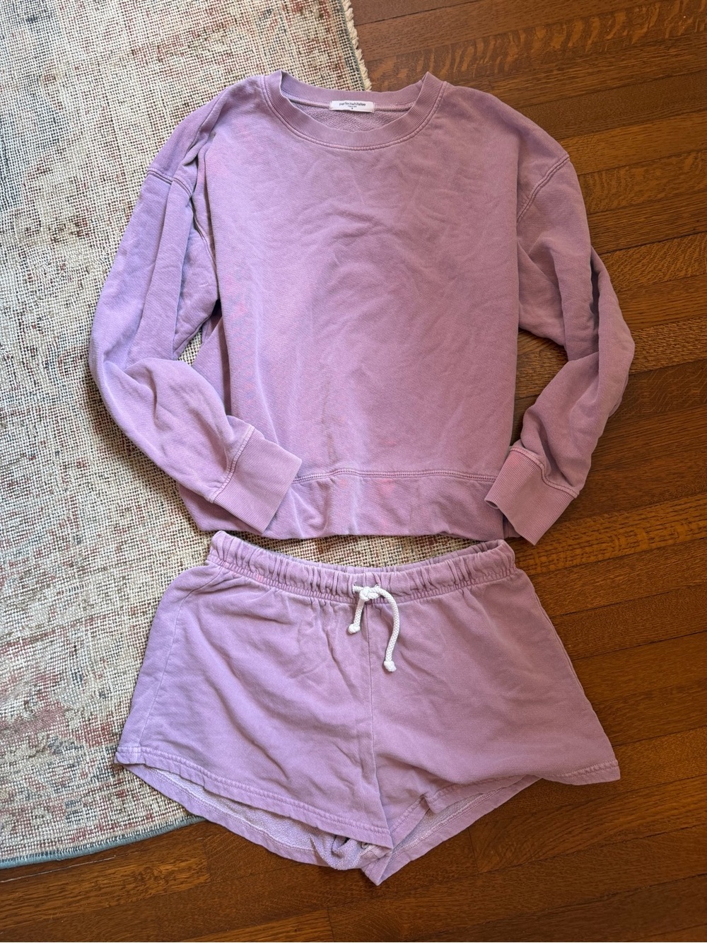perfectwhitetee Dusty Lavender Lounge Shorts and sweatshirt